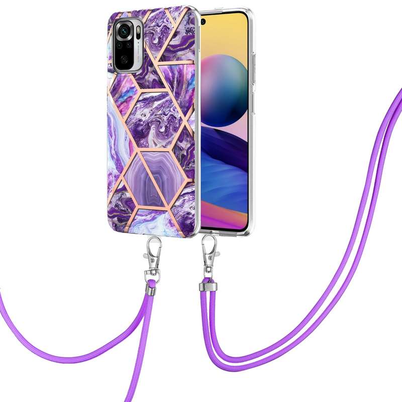 For Xiaomi Redmi Note 10s/Note 10 4G Electroplating Splicing Marble TPU Phone Case with Lanyard(Blue