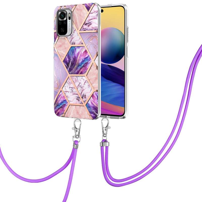 For Xiaomi Redmi Note 10s/Note 10 4G Electroplating Splicing Marble TPU Phone Case with Lanyard(Blue