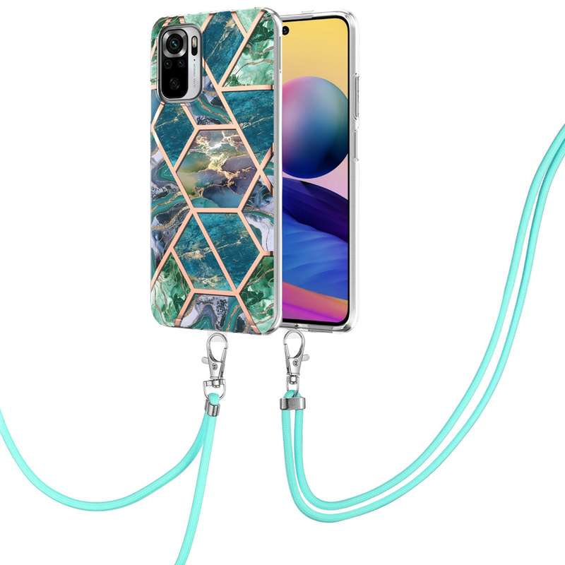 For Xiaomi Redmi Note 10s/Note 10 4G Electroplating Splicing Marble TPU Phone Case with Lanyard(Blue