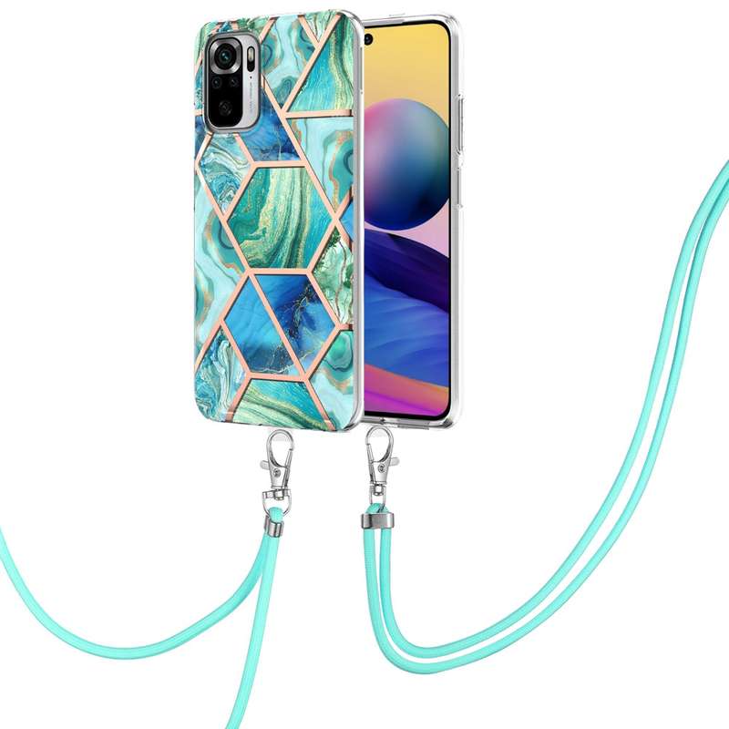 For Xiaomi Redmi Note 10s/Note 10 4G Electroplating Splicing Marble TPU Phone Case with Lanyard(Blue