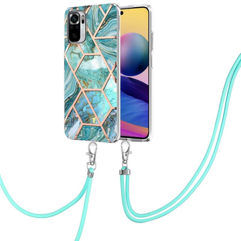 For Xiaomi Redmi Note 10s/Note 10 4G Electroplating Splicing Marble TPU Phone Case with Lanyard(Blue