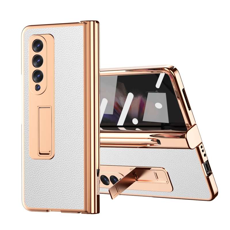 For Samsung Galaxy Z Fold3 5G Litchi Texture Leather Hinged Electroplated Phone Case with S Pen Fold