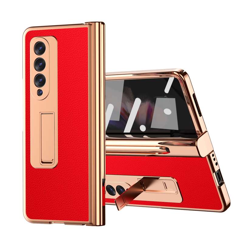 For Samsung Galaxy Z Fold3 5G Litchi Texture Leather Hinged Electroplated Phone Case with S Pen Fold