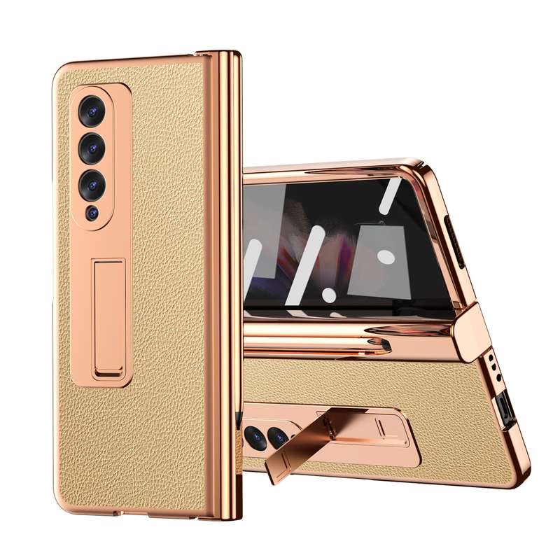 For Samsung Galaxy Z Fold3 5G Litchi Texture Leather Hinged Electroplated Phone Case with S Pen Fold