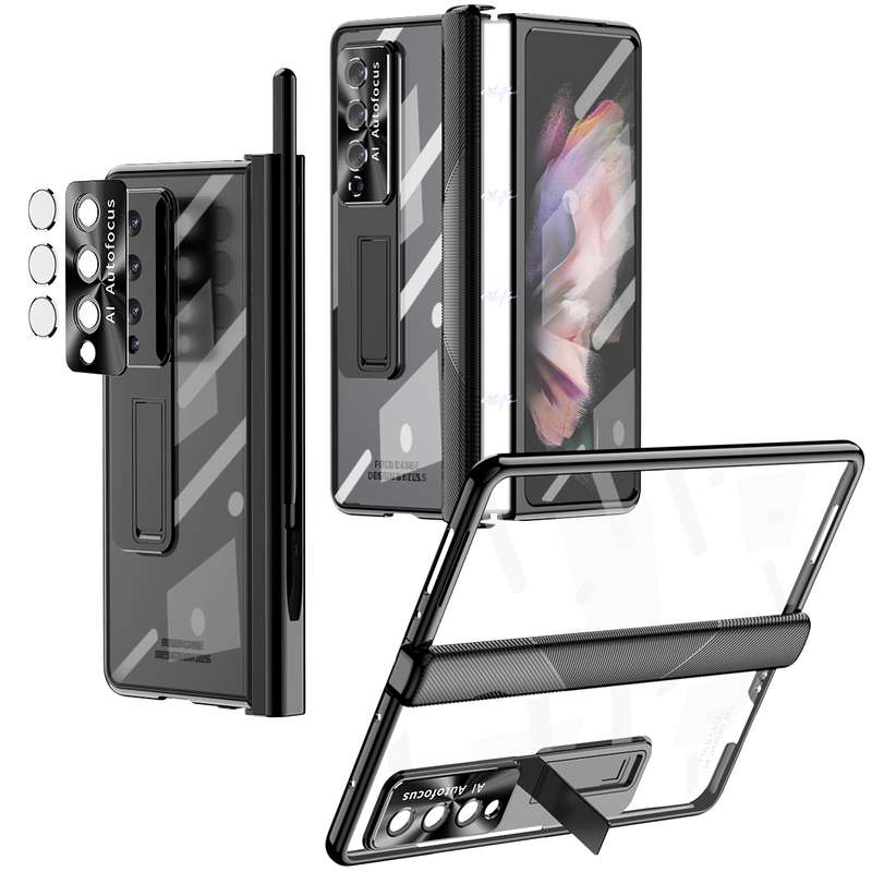 For Samsung Galaxy Z Fold3 5G Magnetic Hinges Plating Phone Case with Holder(Black)