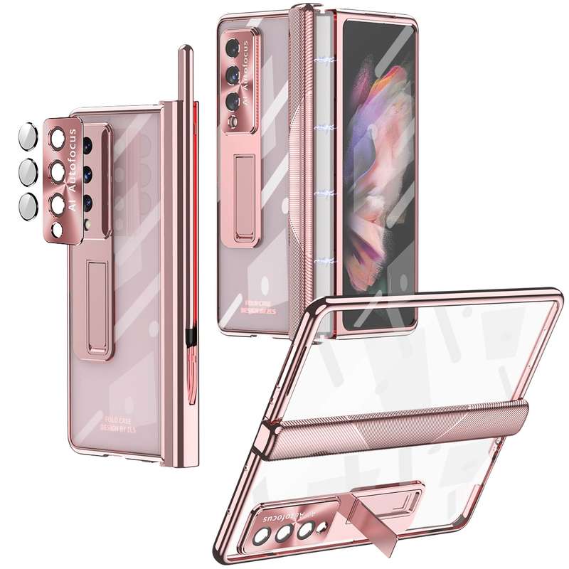 For Samsung Galaxy Z Fold3 5G Magnetic Hinges Plating Phone Case with Holder(Black)