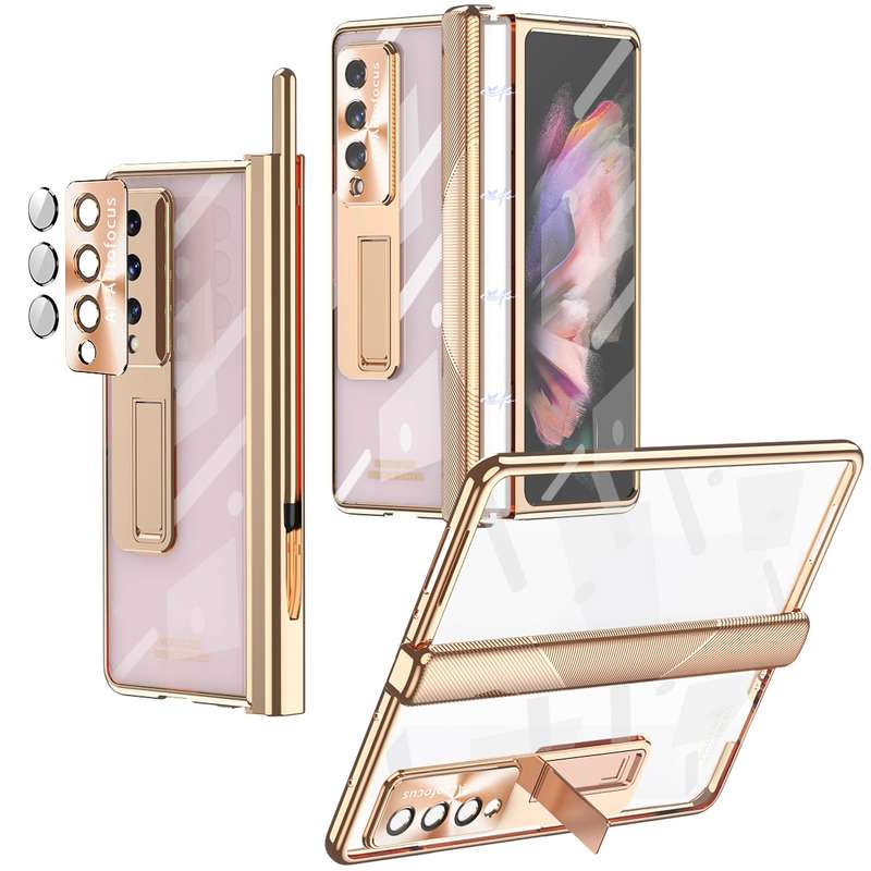 For Samsung Galaxy Z Fold3 5G Magnetic Hinges Plating Phone Case with Holder(Black)