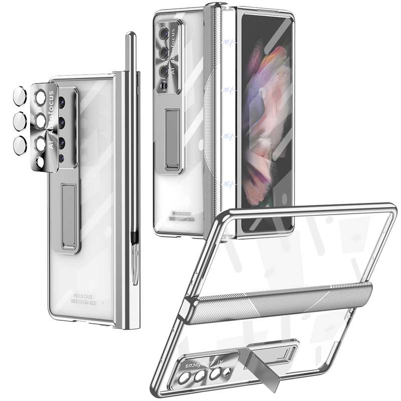 For Samsung Galaxy Z Fold3 5G Magnetic Hinges Plating Phone Case with Holder(Black)