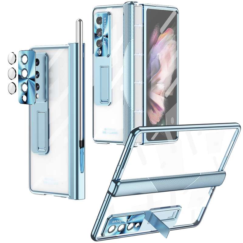 For Samsung Galaxy Z Fold3 5G Magnetic Hinges Plating Phone Case with Holder(Black)