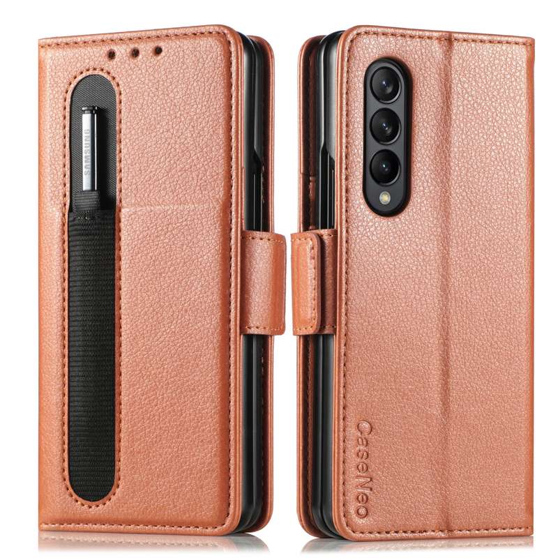 For Samsung Galaxy Z Fold4 5G Litchi Pattern Folding Phone Case with Pen & Card Slots (Black)