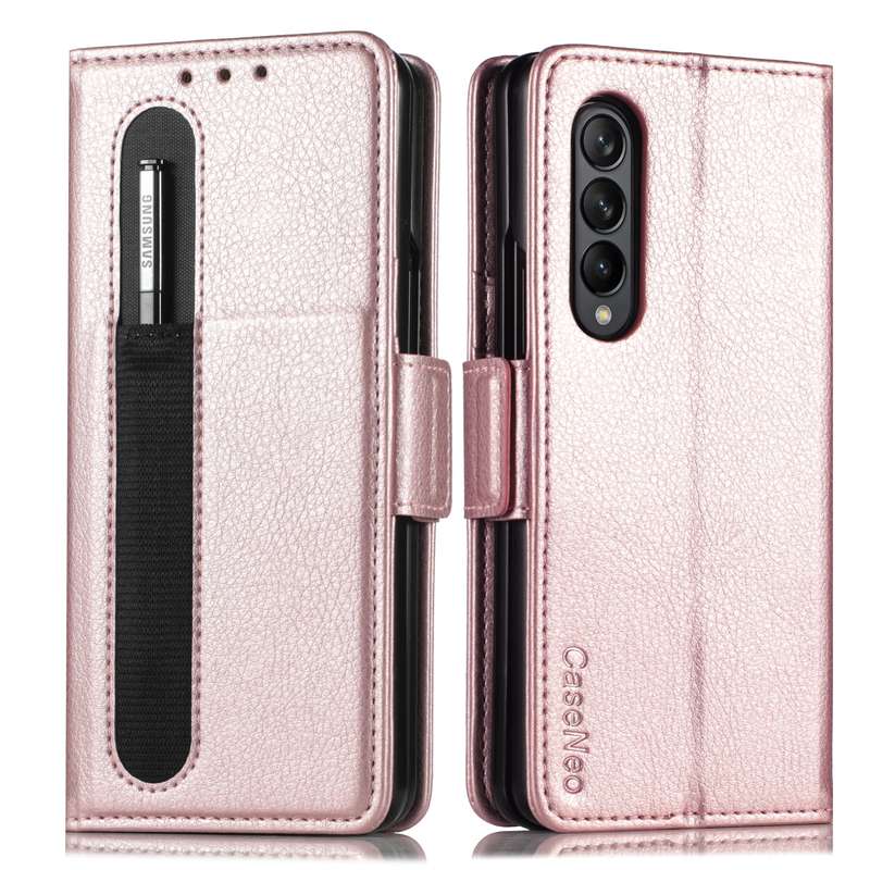 For Samsung Galaxy Z Fold4 5G Litchi Pattern Folding Phone Case with Pen & Card Slots (Black)