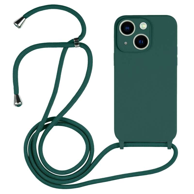 For iPhone 14 Pro Max Crossbody Lanyard Liquid Silicone Case(Pine Needle Green)