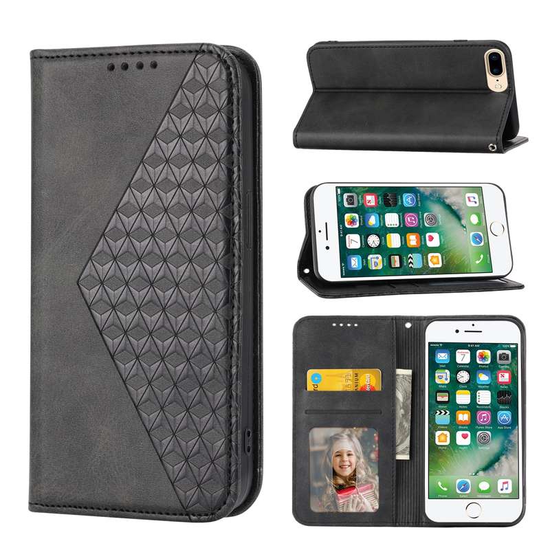 For iPhone 7 Plus / 8 Plus Cubic Grid Calf Texture Magnetic Closure Leather Phone Case(Brown)