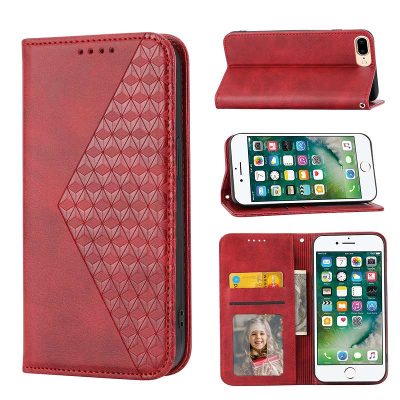 For iPhone 7 Plus / 8 Plus Cubic Grid Calf Texture Magnetic Closure Leather Phone Case(Brown)
