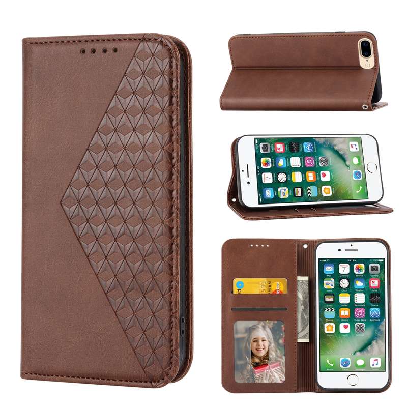 For iPhone 7 Plus / 8 Plus Cubic Grid Calf Texture Magnetic Closure Leather Phone Case(Brown)