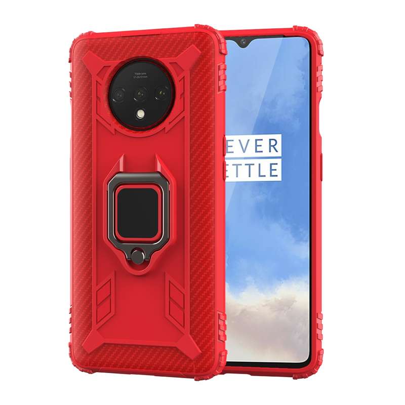 For OnePlus 7T Carbon Fiber Protective Case with 360 Degree Rotating Ring Holder(Black)