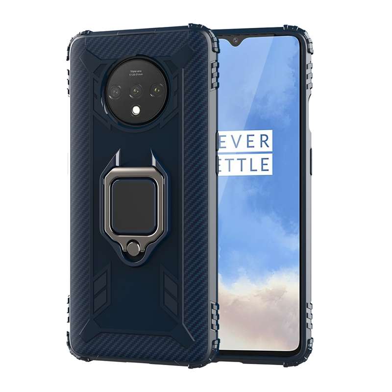 For OnePlus 7T Carbon Fiber Protective Case with 360 Degree Rotating Ring Holder(Black)