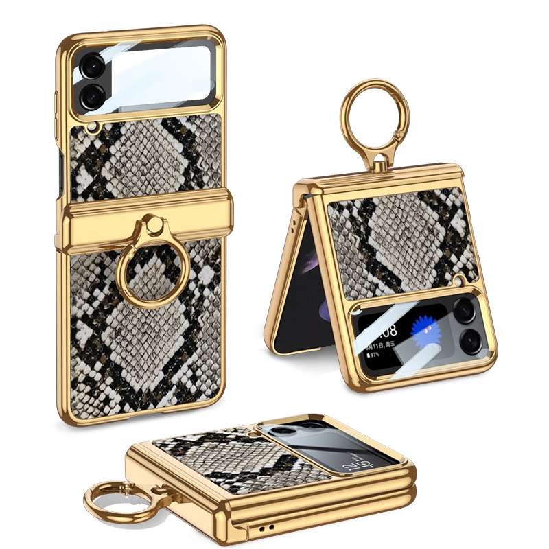 For Samsung Galaxy Z Flip4 GKK Integrated Plating + Leather Flip Phone Case(Crocodile Green)
