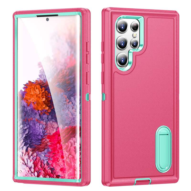 For Samsung Galaxy S23 ultra 5G 3 in 1 Rugged Holder Phone Case(Grey+Green)
