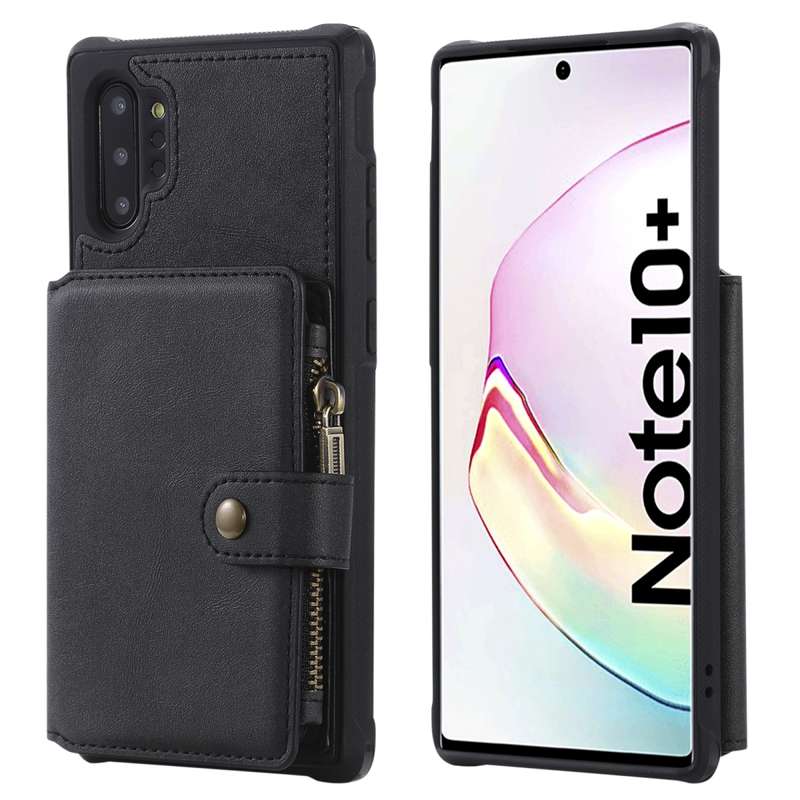 For Galaxy Note 10 Plus Zipper Shockproof Protective Case with Card Slots & Bracket & Photo Holder &