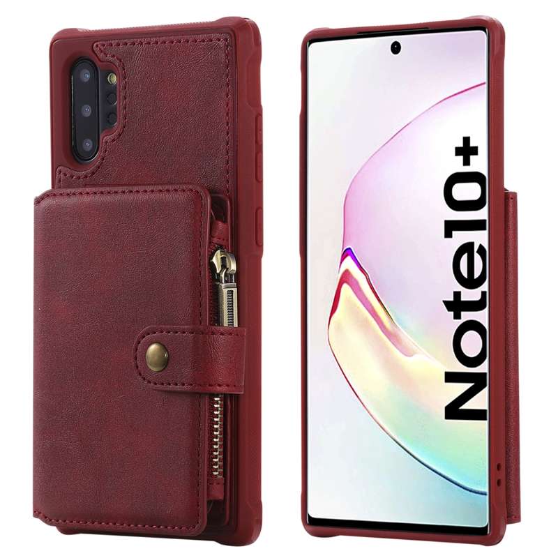 For Galaxy Note 10 Plus Zipper Shockproof Protective Case with Card Slots & Bracket & Photo Holder &