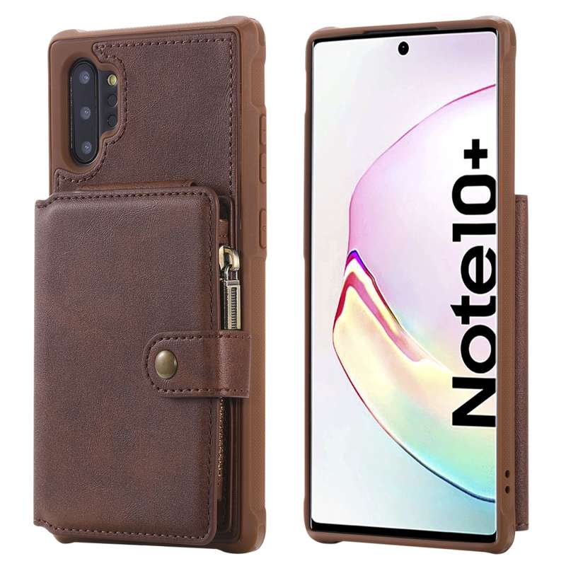 For Galaxy Note 10 Plus Zipper Shockproof Protective Case with Card Slots & Bracket & Photo Holder &