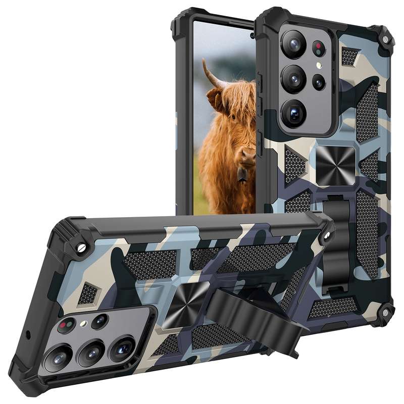 For Samsung Galaxy S23 Ultra 5G Camouflage Armor Kickstand TPU + PC Magnetic Phone Case(Army Green)