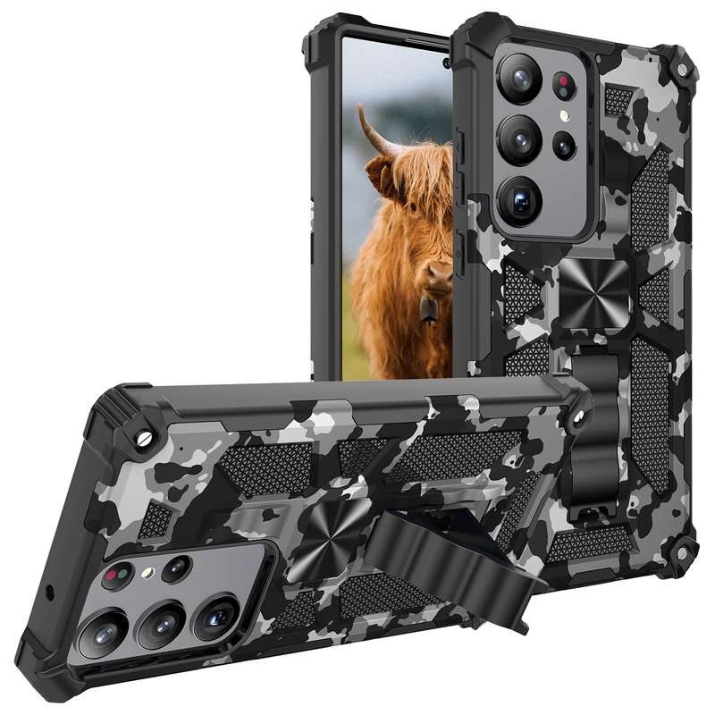 For Samsung Galaxy S23 Ultra 5G Camouflage Armor Kickstand TPU + PC Magnetic Phone Case(Army Green)