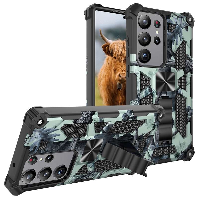 For Samsung Galaxy S23 Ultra 5G Camouflage Armor Kickstand TPU + PC Magnetic Phone Case(Army Green)