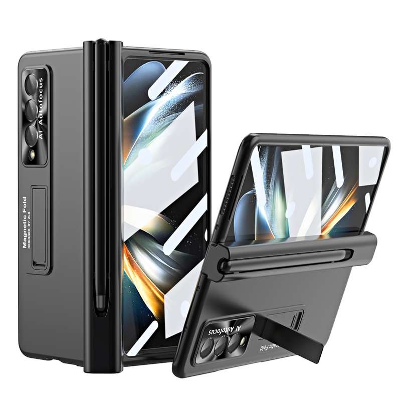 For Samsung Galaxy Z Fold4 Electroplating Corrugated Hinge Folding Phone Case with Pen Slot(Pink)