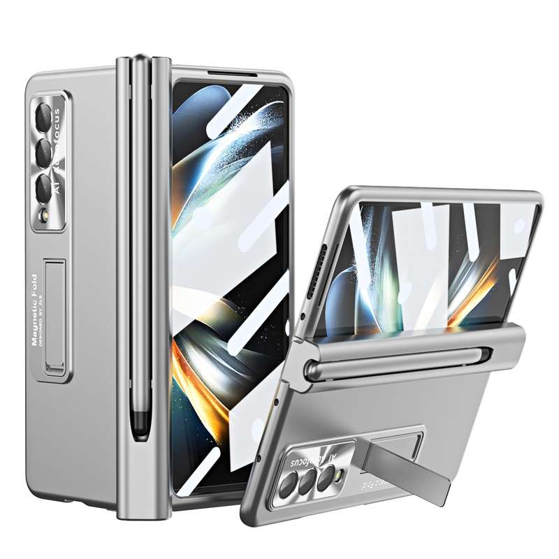 For Samsung Galaxy Z Fold4 Electroplating Corrugated Hinge Folding Phone Case with Pen Slot(Pink)
