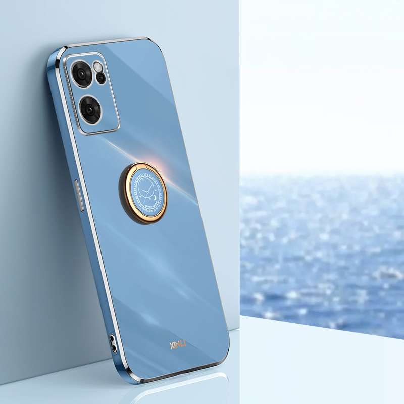 For OPPO Reno7 Global XINLI Straight Edge 6D Electroplate TPU Phone Case with Ring Holder(Black)