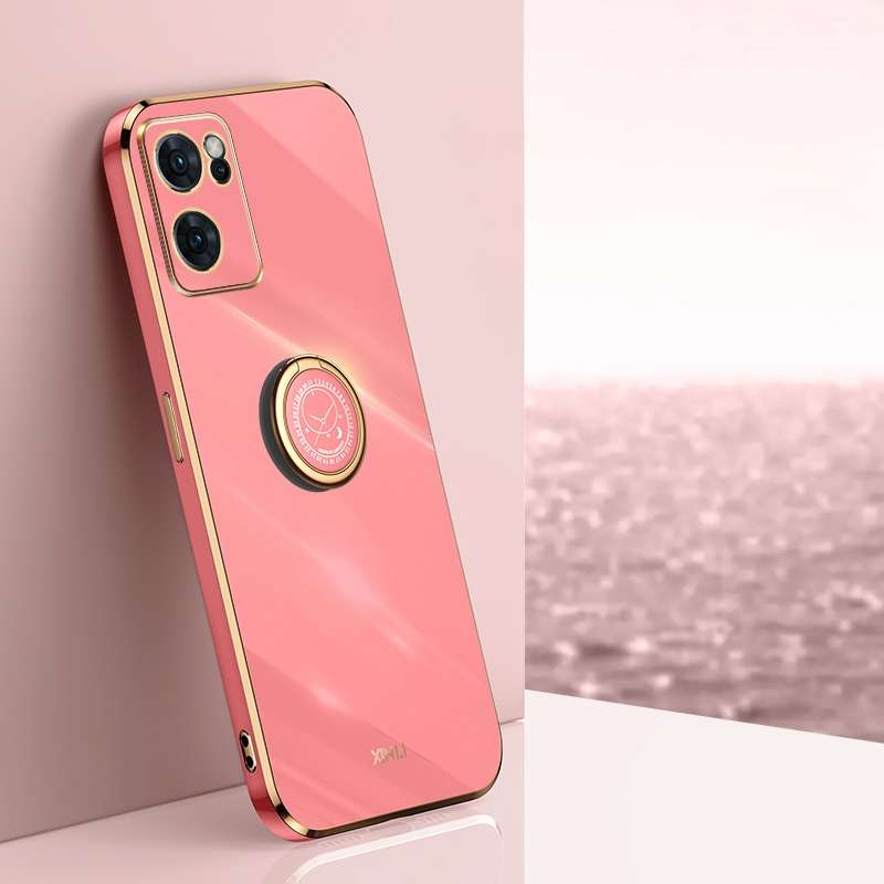 For OPPO Reno7 Global XINLI Straight Edge 6D Electroplate TPU Phone Case with Ring Holder(Black)