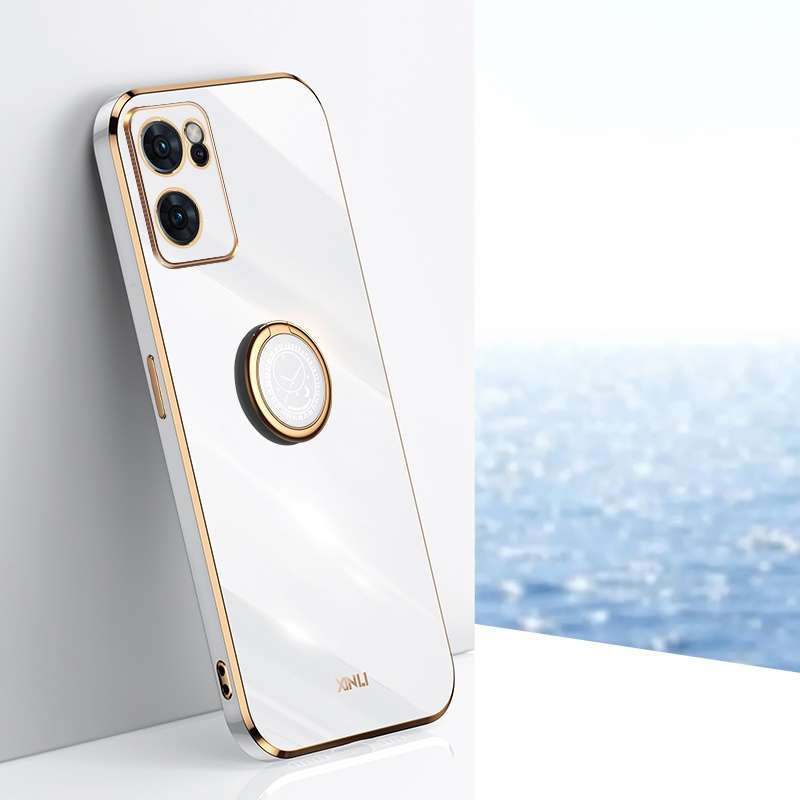 For OPPO Reno7 Global XINLI Straight Edge 6D Electroplate TPU Phone Case with Ring Holder(Black)