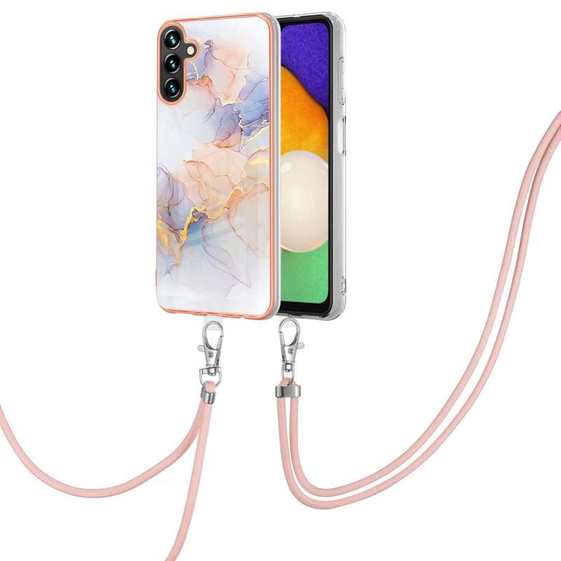 For Samsung Galaxy A14 5G Electroplating IMD TPU Phone Case with Lanyard(White Marble)