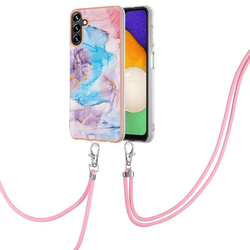 For Samsung Galaxy A14 5G Electroplating IMD TPU Phone Case with Lanyard(White Marble)