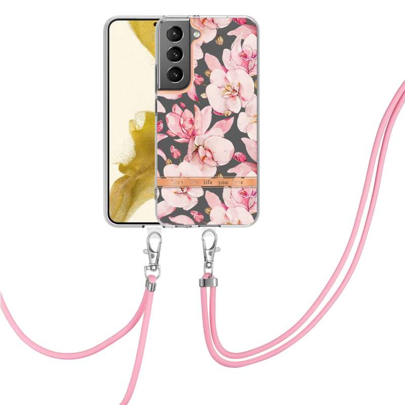 For Samsung Galaxy S23 5G Flowers and Plants Series IMD TPU Phone Case with Lanyard(Green Gardenia)