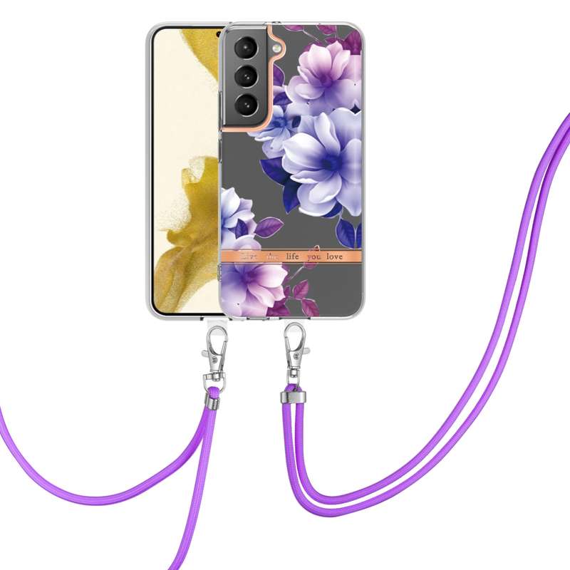 For Samsung Galaxy S23 5G Flowers and Plants Series IMD TPU Phone Case with Lanyard(Green Gardenia)