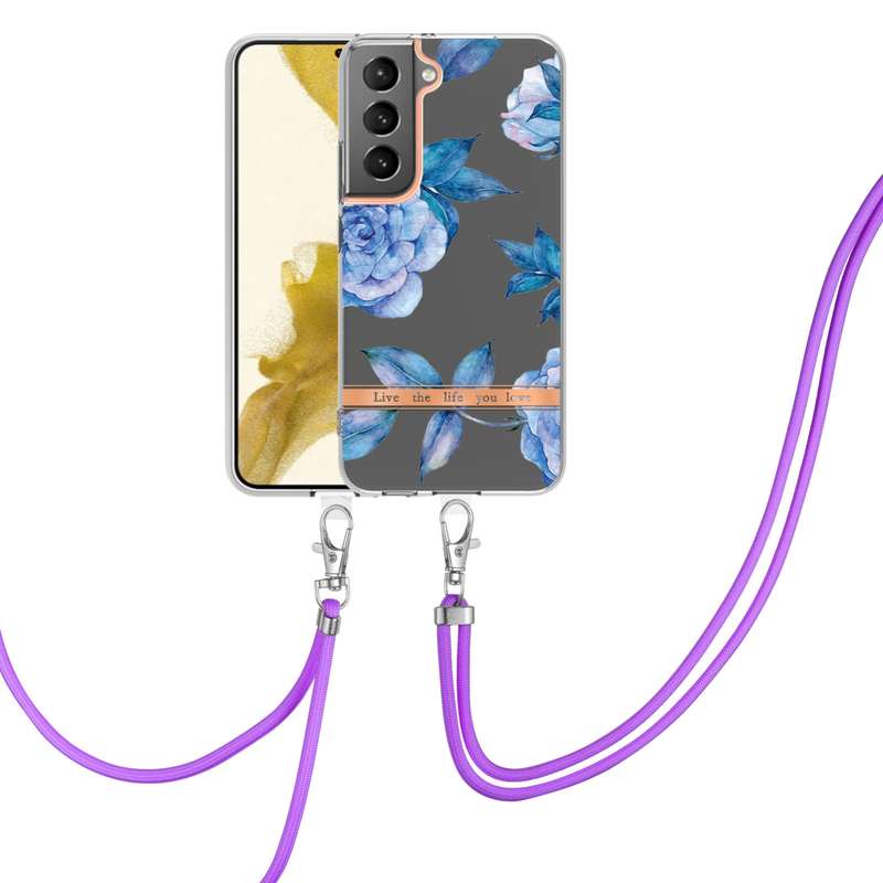 For Samsung Galaxy S23 5G Flowers and Plants Series IMD TPU Phone Case with Lanyard(Green Gardenia)