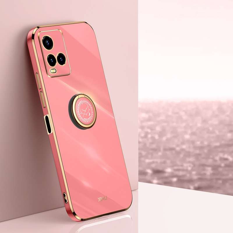 For vivo Y33s Global XINLI Straight Edge 6D Electroplate TPU Phone Case with Ring Holder(Cherry Purp