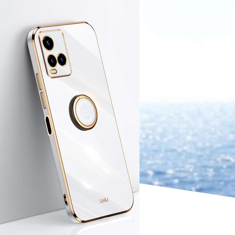 For vivo Y33s Global XINLI Straight Edge 6D Electroplate TPU Phone Case with Ring Holder(Cherry Purp