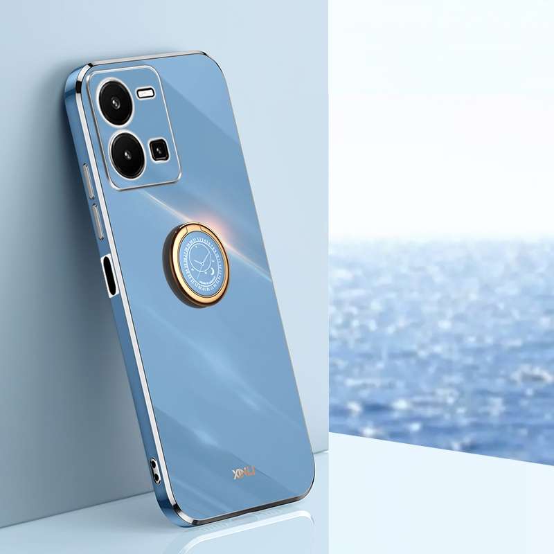 For vivo Y35 4G XINLI Straight Edge 6D Electroplate TPU Phone Case with Ring Holder(Mint Green)