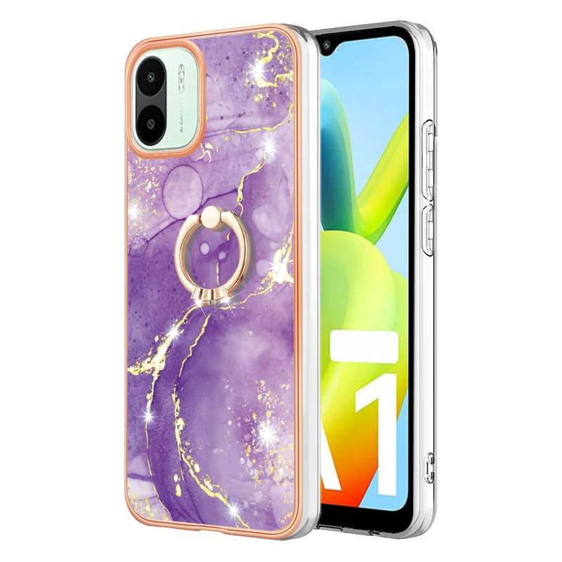 For Xiaomi Redmi A1 Electroplating Marble IMD Phone Case with Ring Holder(Purple 001)