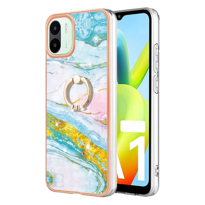 For Xiaomi Redmi A1 Electroplating Marble IMD Phone Case with Ring Holder(Purple 001)