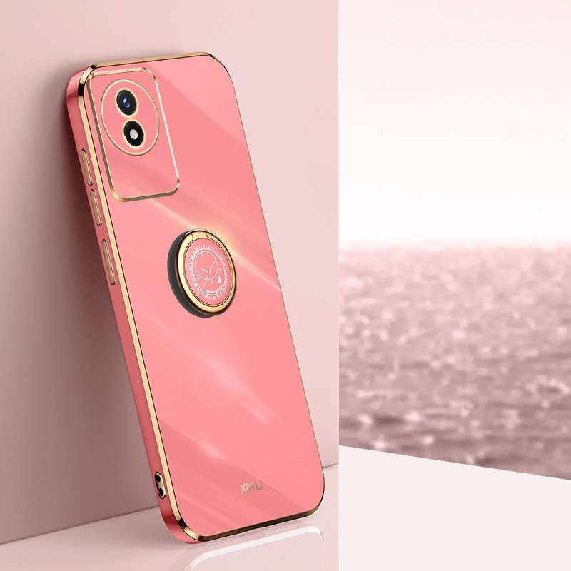 For vivo Y02 4G XINLI Straight Edge 6D Electroplate TPU Phone Case with Ring Holder(Cherry Purple)