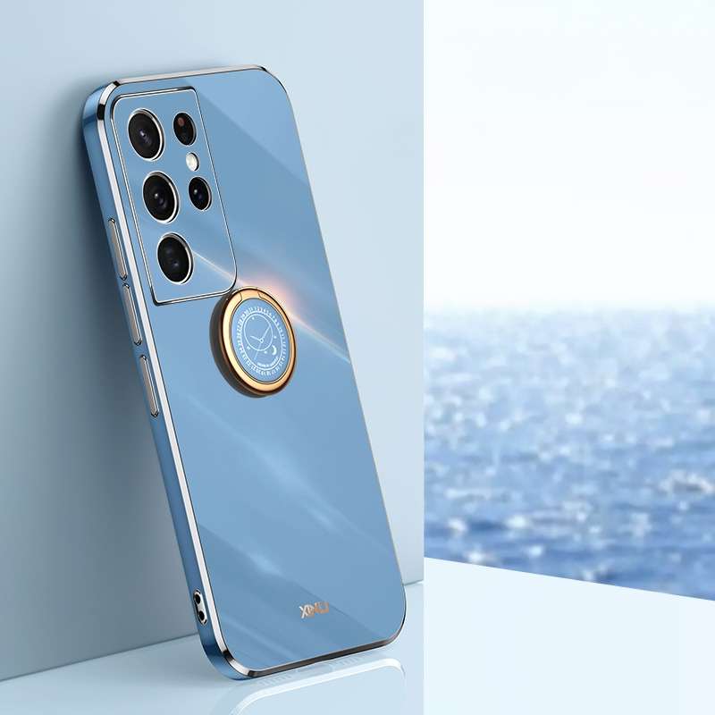 For Samsung Galaxy S21 Ultra 5G XINLI Straight Edge 6D Electroplate TPU Phone Case with Ring Holder(