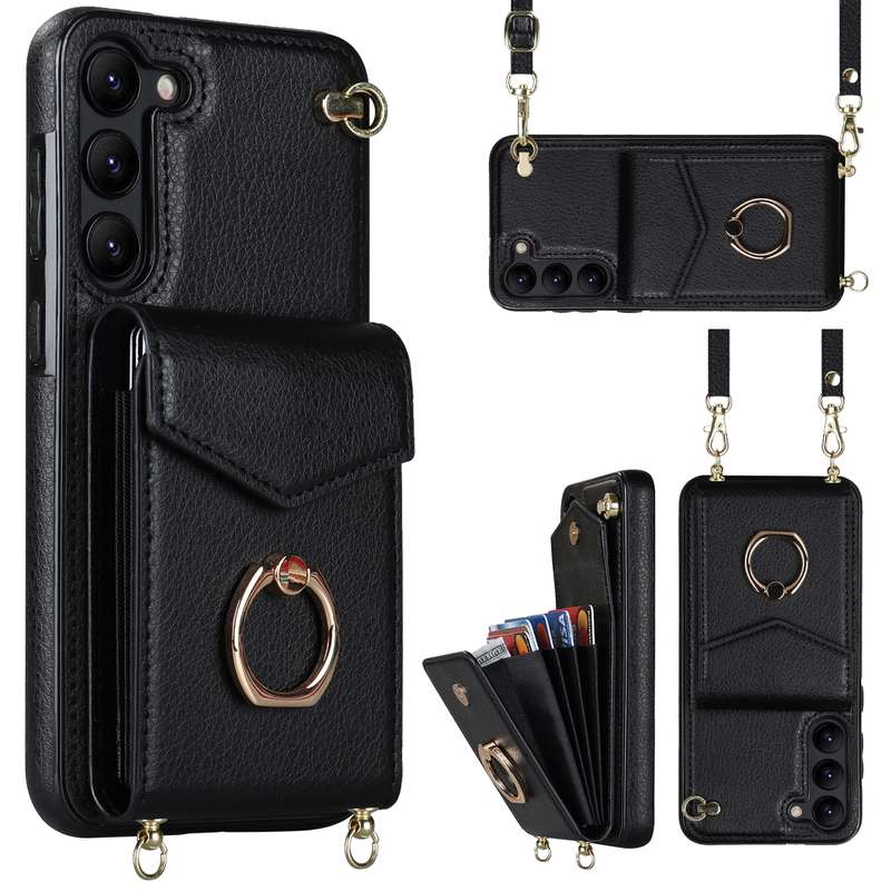 For Samsung Galaxy S22 5G Ring Holder RFID Card Slot Phone Case with Long Lanyard(Beige)