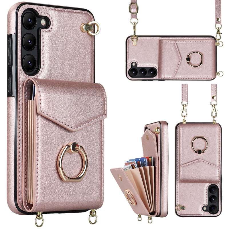 For Samsung Galaxy S22 5G Ring Holder RFID Card Slot Phone Case with Long Lanyard(Beige)