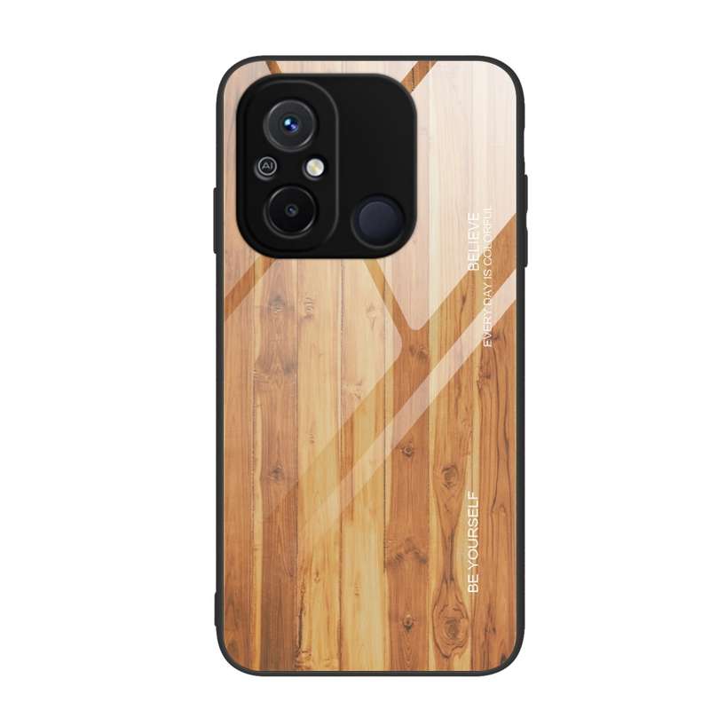 For Xiaomi Redmi 12C Wood Grain Glass Phone Case(Black)