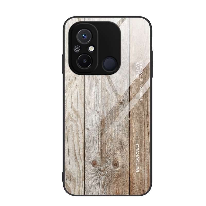 For Xiaomi Redmi 12C Wood Grain Glass Phone Case(Black)